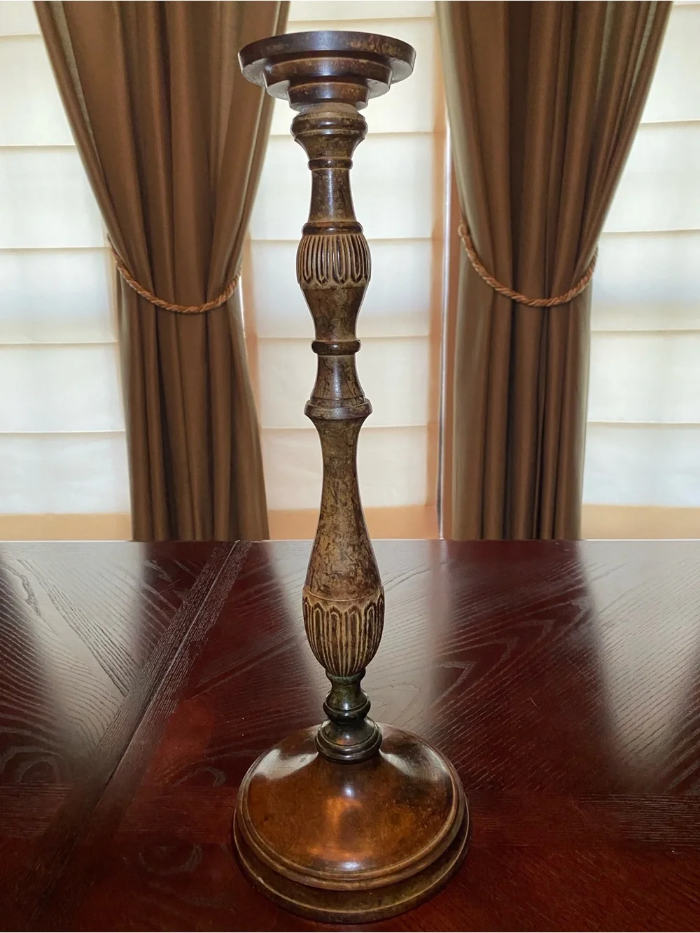Decorative 20.5 inch painted metal candlestick with lWood-Tone and patina finish